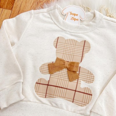 Conj. Casaco de Linho Ursinho de Laço e Calça Legging Xadrez - Areia e Marrom